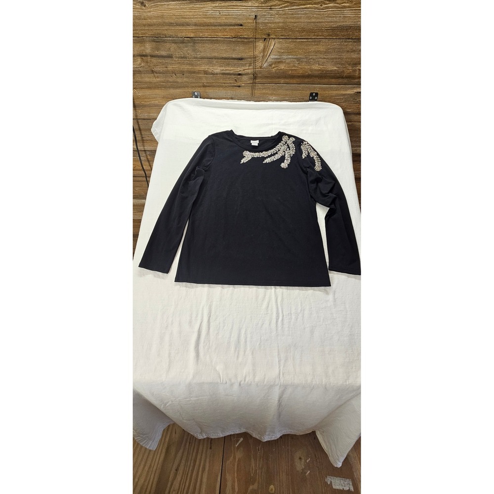 Chicos Black Beaded Floral Embellished Long Sleeve Top Size 1 M Medium